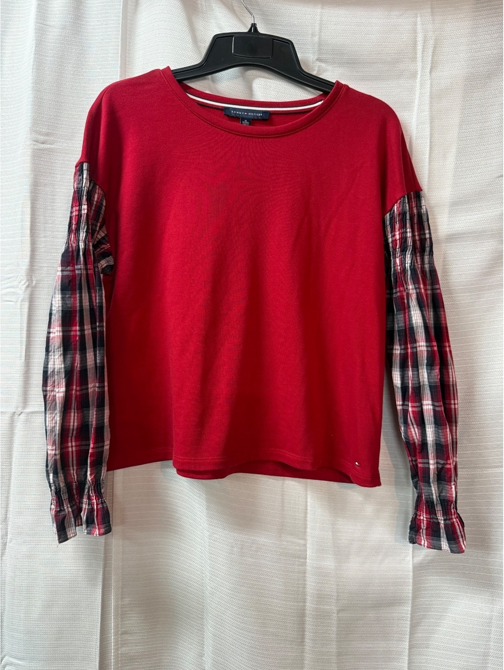 Tommy Hilfiger Red Crew Neck Sweater with Plaid Sleeves XL